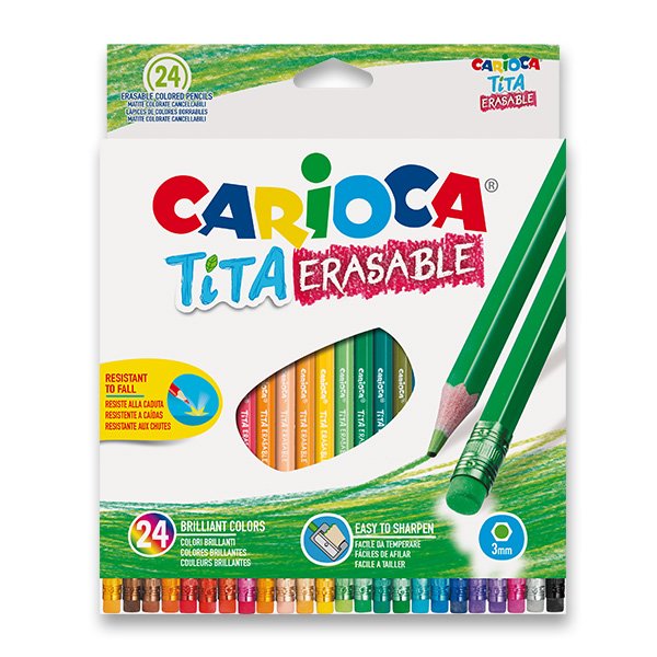 Carioca Tita Pack de 24 Lapices Borrables de Resina - Cuerpo Hexagonal - Colores Brillantes y Lavables - Escritura Blanda - Mina Ø 3mm - Color Varios