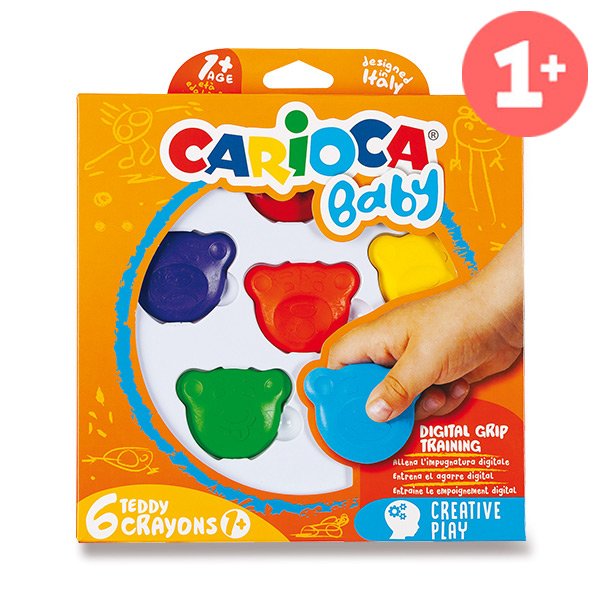 Carioca Teddy Crayons Pack de 6 Ceras de Colores - Certificadas a Partir de 12 Meses - Diseñadas para Entrenar el Agarre Digital - Color Varios