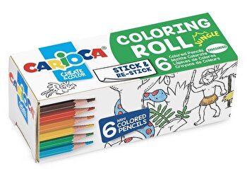 Carioca Mini Coloring Roll Jungle de Papel Adhesivo para Colorear + 6 Lapices de Colores -  Aplicable en Superficies Verticales u Horizontales - Reutilizable sin Residuos