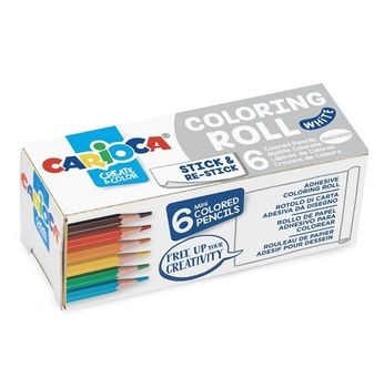 Carioca Mini Coloring Roll White Papel Adhesivo para Colorear + 6 Lapices de Colores - Aplicable en Superficies Verticales u Horizontales - Reutilizable sin Residuos