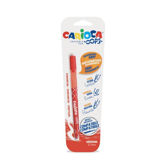 Carioca Oops Boligrafo Borrable - Tinta Roja - Termo Sensible - Empuñadura Ergonomica Triangular - Punta de Ø 0.7mm - Doble Goma - Recambios Compatibles - Color Rojo