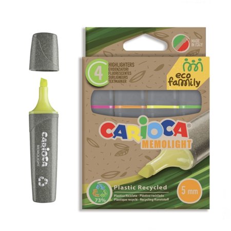 Carioca Eco Family Pack de 4 Subrayadores - Colores Brillantes - Tinta a Base de Agua - Punta Biselada de 5mm - Color Varios