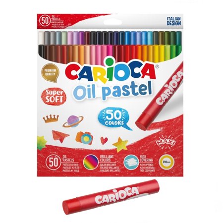 Carioca Pack de 50 Pasteles al Oleo - Colores Brillantes - Lavables - Resistentes a la Luz - Cubrientes - Faciles de Mezclar - Maxi Cuerpo Ø 10mm - Uso en Papel, Carton, Tela y Madera - Color Varios