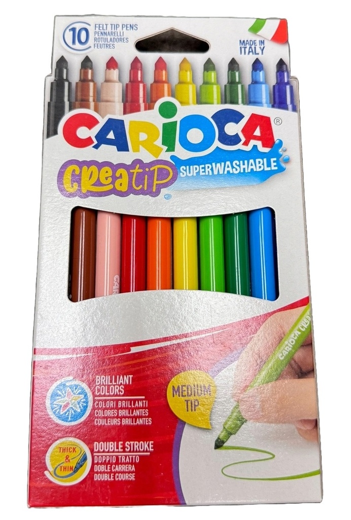 Carioca Creatip Pack de 10 Rotuladores - Tinta Superlavable - Punta Media con Doble Carrera - Punta Bloqueada y con Tapa Ventilada - Color Varios