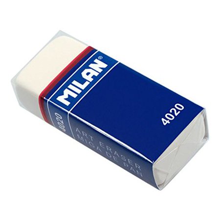 Milan 4020 Goma de Borrar Rectangular - Miga de Pan - Suave Caucho Sintetico - Faja de Carton Azul - Envuelta Individualmente - Color Blanco