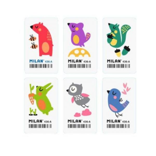 Milan 436A Goma de Borrar Rectangular Flexible - Miga de Pan - Caucho Sintetico - Dibujos Infantiles - Dibujos Surtidos