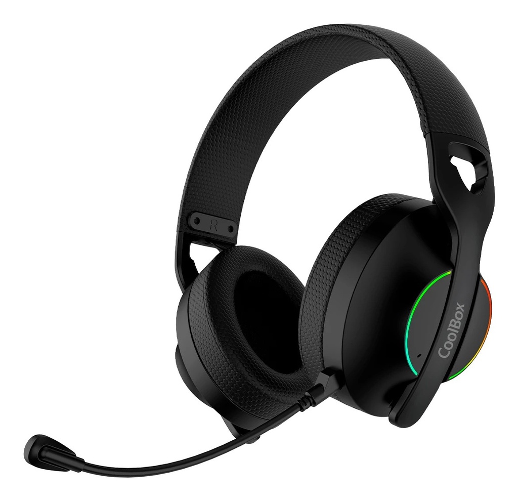 Coolbox WB01 Auriculares Gaming Inalambricos con Microfono - Conectividad Bluetooth 5.4, Inalmabrica 2.4Ghz o Jack - Iluminacion RGB - Autonomia hasta 20h - Cancelacion de Ruido - Color Negro