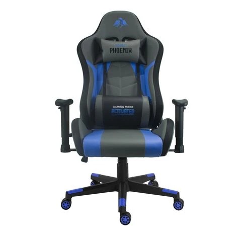 Cromad Serie Phoenix Silla Gaming - Altura Regulable con Piston de Gas Clase 2 - Reclinable hasta 180º - Cojines Lumbar y Cervical - Color Gris/Azul/Negro