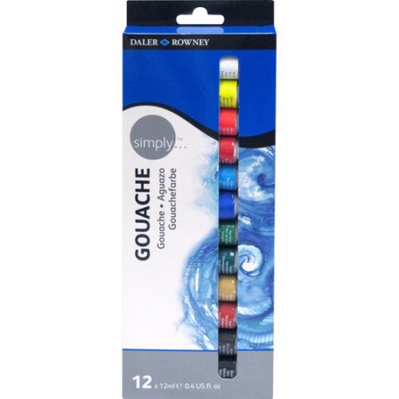 Daler Rowney Simply Pack de 12 Pinturas Acrilicas Gouache - Secado Rapido - Base de Agua - Optima Cobertura - 12ml - Colores Surtidos