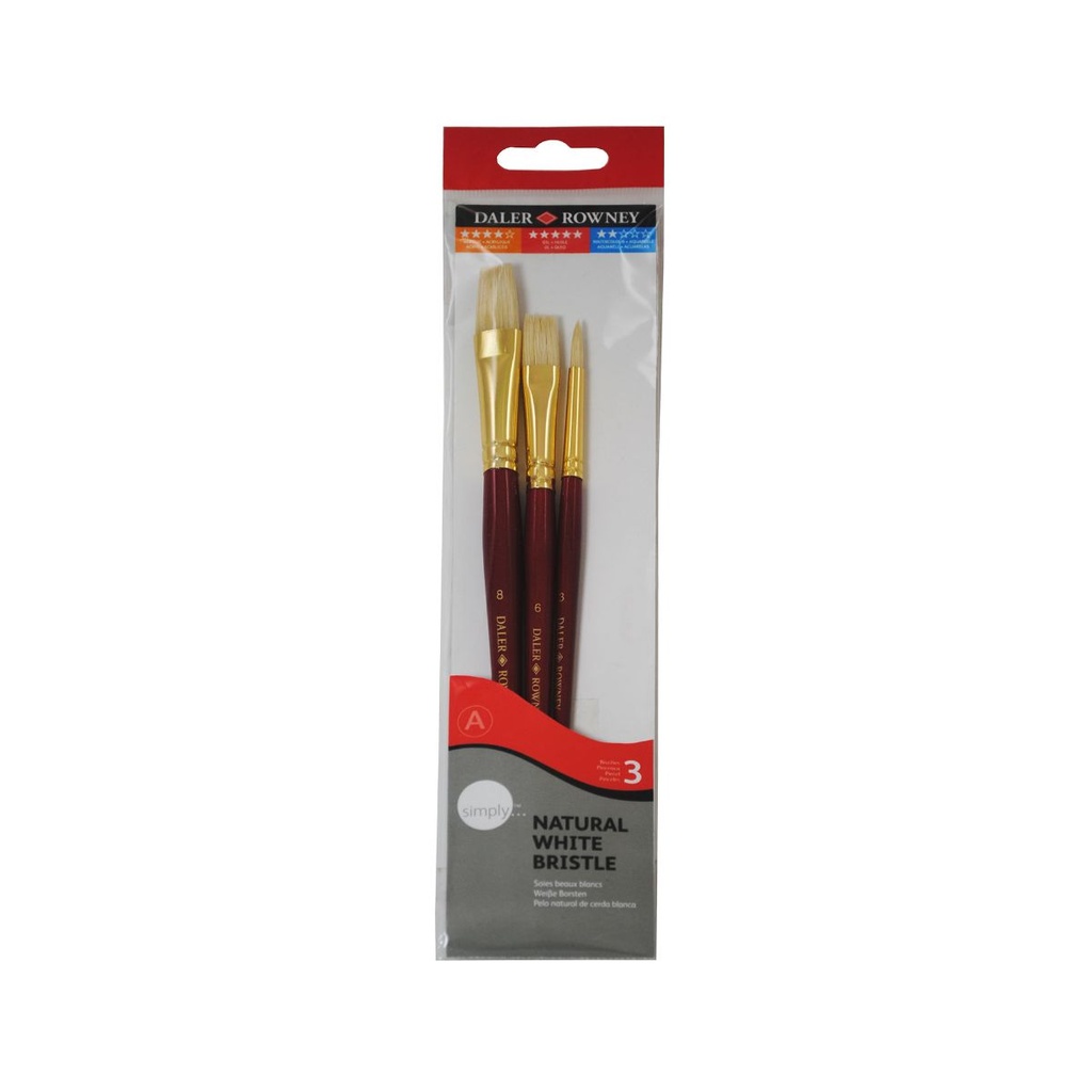 Daler Rowney Simply Pack de 3 Pinceles de Pelo Natural T-2 - Cerda Blanca - Diseño Ergonomico - Color Marron