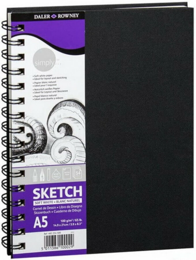 Daler Rowney Simply Cuaderno de Dibujo A5 100g/m2 - Cubierta Rigida con Encuadernacion en Espiral - Color Blanco