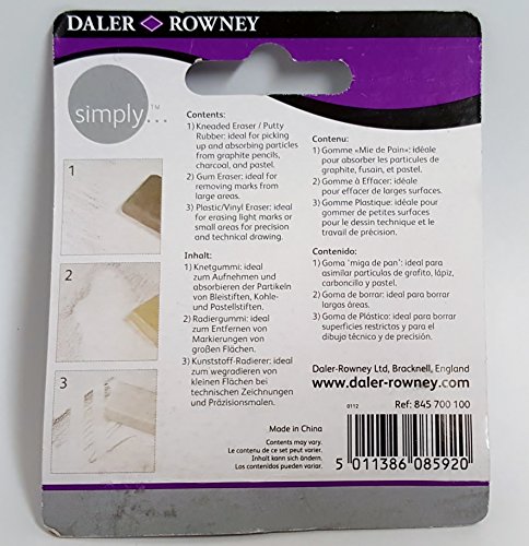 Daler Rowney Simply Pack de 3 Gomas de Borrar para Dibujo - Estandar, Miga de Pan y Goma Plastica
