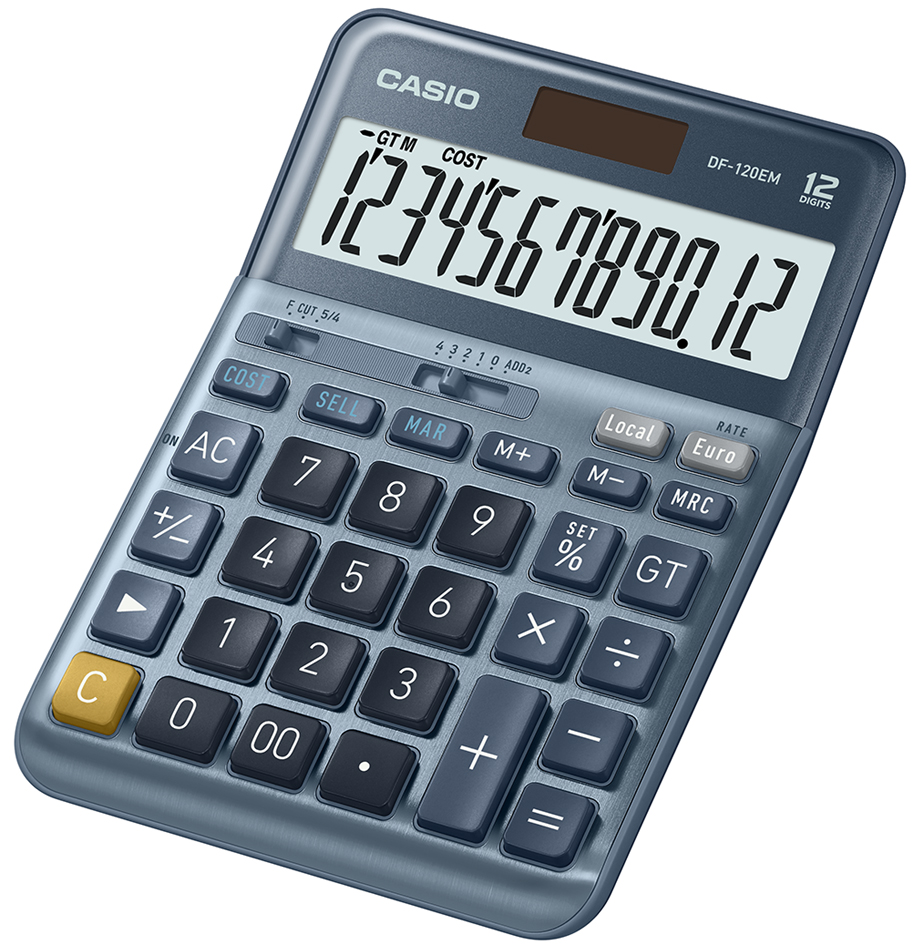 Casio DF-120EM Calculadora de Sobremesa - Pantalla Extragrande de 12 Digitos - Alimentacion Solar y Pilas - Color Azul