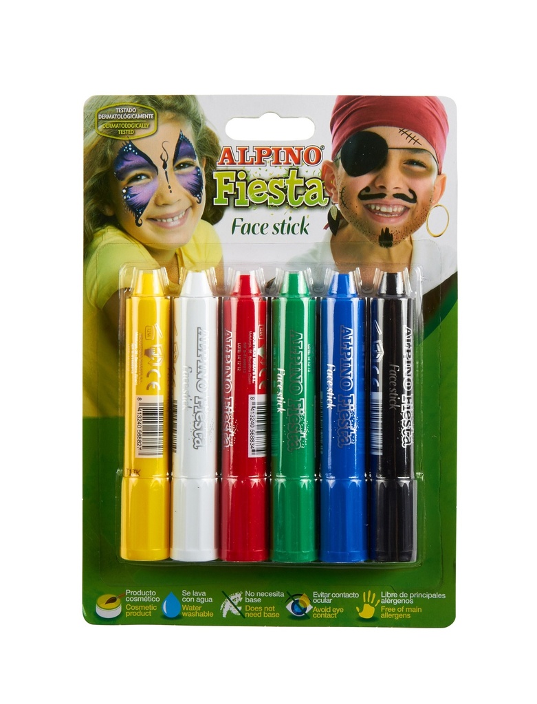 Alpino Fiesta Face Stick Pack con 6 Barritas de Pintura Facial - Sistema Retractil Giratorio - Se Lava con Agua - Testado Dermatologicamente