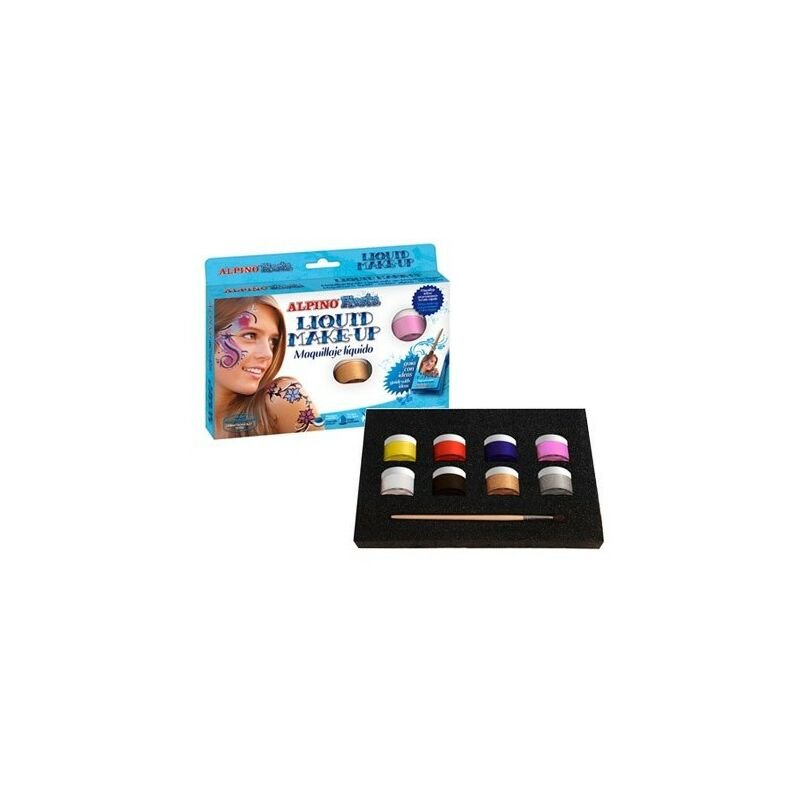 Alpino Fiesta Pack de 8 Botes de Maquillaje Liquido de Diferentes Colores + Pincel + Guia de Ideas - Se Lava con Agua - Testado Dermatologicamente