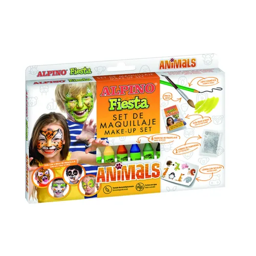 Alpino Fiesta Animales Pack de Maquillaje con 6 Barritas de Pintura Facial + Pincel + Tatuajes en Calcomania + Lapiz Perfilador y 2 Sobres de Purpurina - Se Lava con Agua - Testado Dermatologicamente