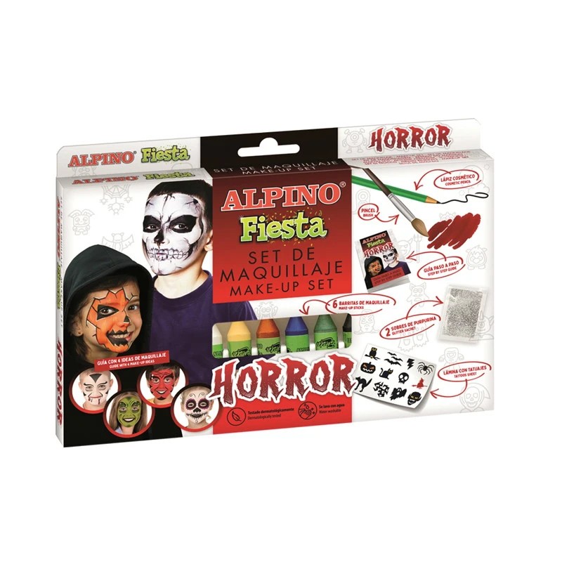 Alpino Fiesta Horror Pack de Maquillaje con 6 Barritas de Pintura Facial + Pincel + Tatuajes en Calcomania + Lapiz Perfilador y 2 Sobres de Purpurina - Se Lava con Agua - Testado Dermatologicamente