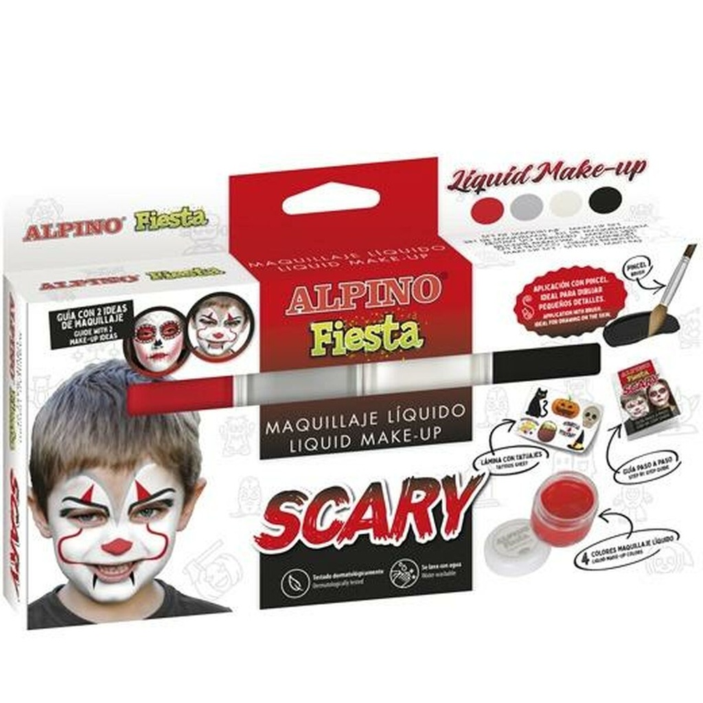 Alpino Fiesta Scary Pack de 4 Botes de Maquillaje Liquido de Diferentes Colores + Pincel + Guia de Ideas - Se Lava con Agua - Testado Dermatologicamente