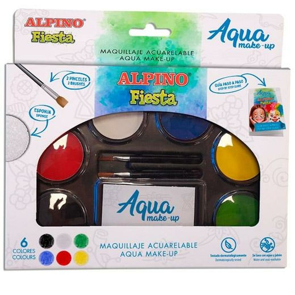 Alpino Fiesta Aqua Make-up Pack con Paleta de Maquillaje Acuarelable con 6 Colores + 2 Pinceles + Esponja y Guia de Uso - Se Lava con Agua y Jabon - Colores Surtidos