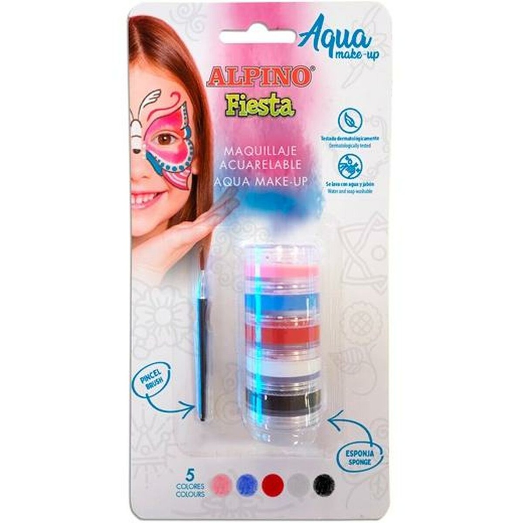 Alpino Fiesta Aqua Make-up Pack Torre de Maquillaje Facial Acuarelable con 5 Colores Diferentes + Pincel + Esponja - Se Lava con Agua y Jabon - Testado Dermatologicamente - Colores Surtidos