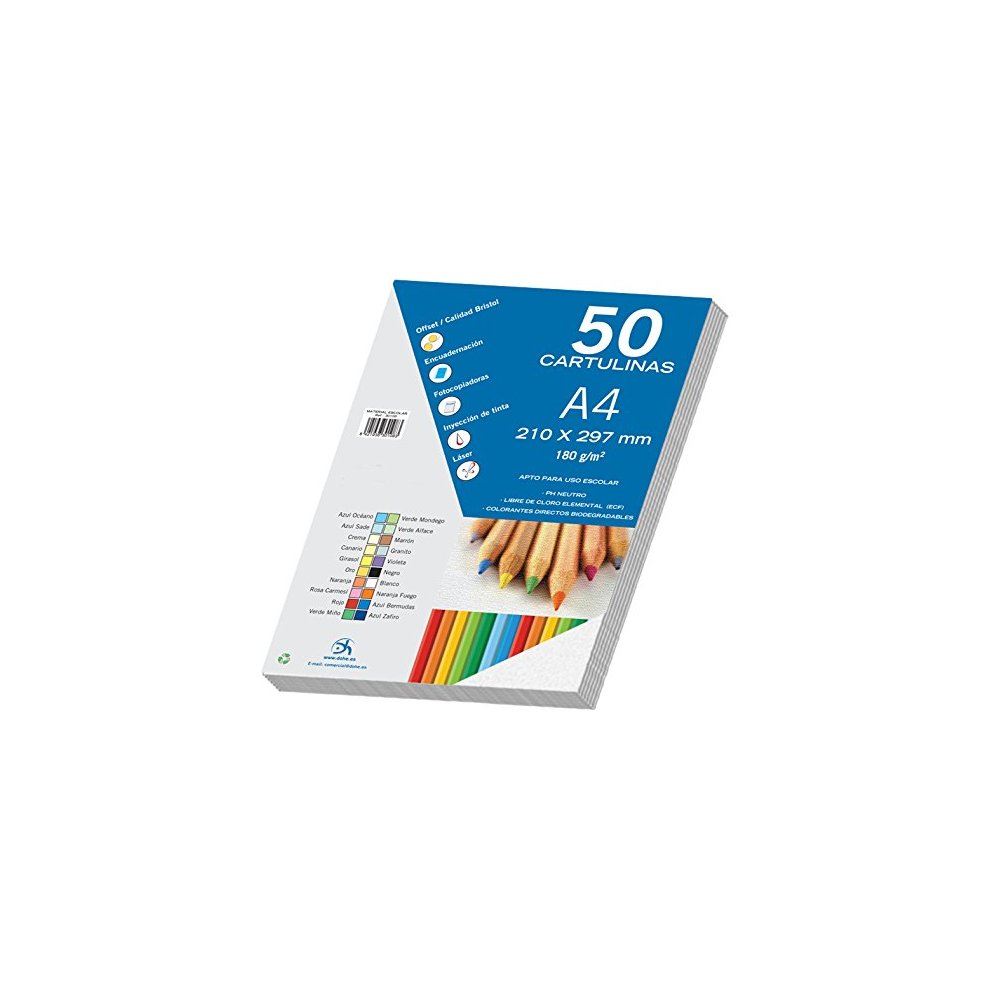 Dohe Pack de 50 Cartulinas de 180 g/m2 - Tamaño A4 - PH Neutro - Libres de Cloro Elemental - Color Blanco