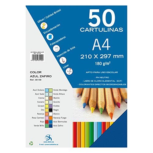 Dohe Cartulinas de Colores de 180 G/M2 - Tamaño A4 - PH Neutro - Libres de Cloro Elemental - Colorantes Biodegradables