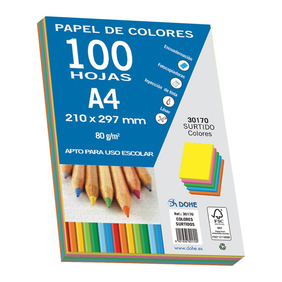 Dohe Papel Multifuncion de 80g - Apto para Fotocopiadoras, Impresoras Laser y Chorro de Tinta - Colores Surtidos