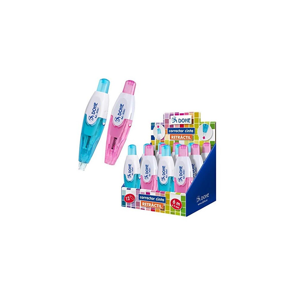 Dohe Expositor con 12 Correctores de Cinta Retractiles 5mm x 6m - Cuerpo Traslucido - Colores Azul y Rosa