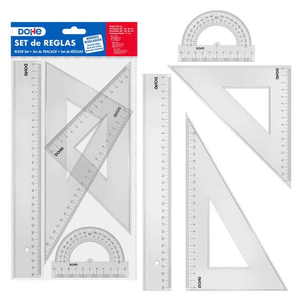 Dohe Set de Reglas - Regla, Escuadra, Cartabon y Transportador - Plastico Inyectado Transparente Cristal - Cantos Biselados y con Reborde
