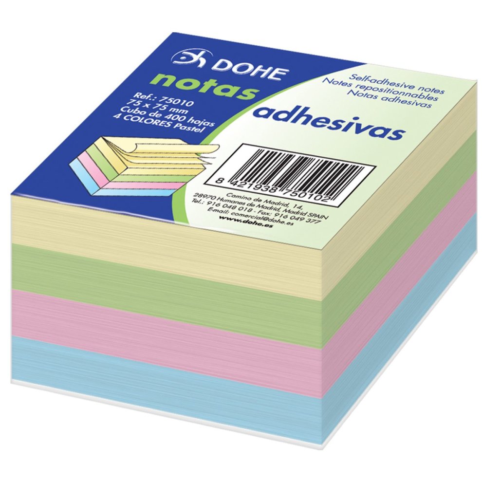 Dohe Cubo de 400 Notas Reposicionables - Tamaño 75x75mm - Papel de 75gr - Ideal para Oficina y Escuela - Colores Pastel Surtidos