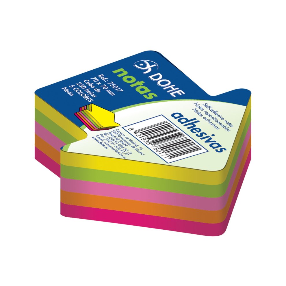 Dohe Cubo de 250 Notas Reposicionables con Forma de Flecha - Tamaño 70x70mm - Papel de 75gr - Ideal para Oficina y Escuela - Colores Neon Surtidos