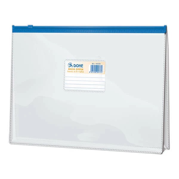 Dohe Bolsa Zipper Apaisada PVC Transparente 200 Micras - Tamaño Folio - Apertura Superior - Cierre Zip Hermetico