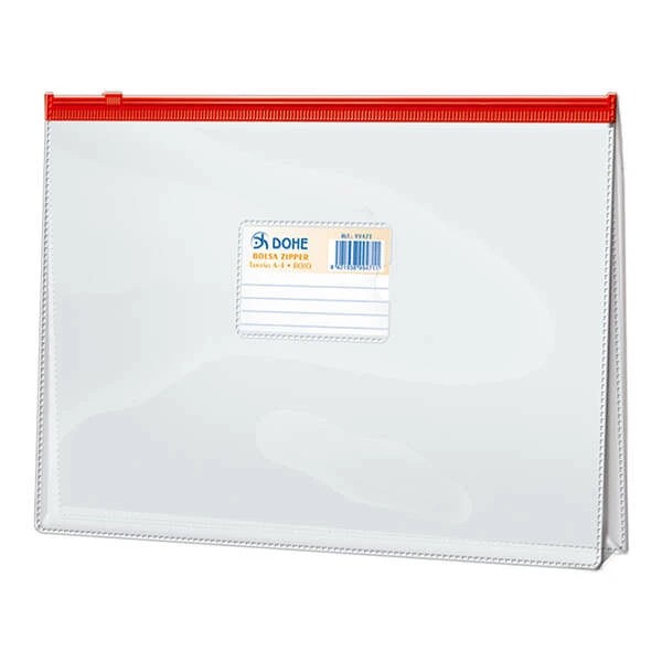 Dohe Bolsa Zipper Folio Apaisado PVC Transparente 150 Micras - Apertura Superior - Cierre Zip Hermetico en Color Rojo