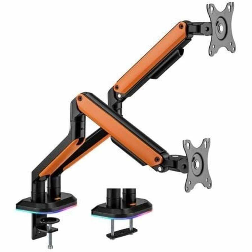 Aisens Soporte de Mesa Profesional Gaming RGB - Giratorio e Inclinable - Acero de Alta Resistencia - Iluminacion Ambiental - Compatible Vesa - Carga Maxima 9Kg - Sistema de Pasacables - Color Negro/Naranja