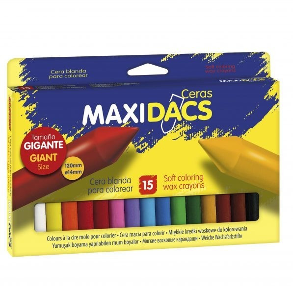Alpino Maxidacs Pack de 15 Ceras Blandas para Niños - Tamaño Extra Grande 120mm x 14mm - Etiqueta Anti-Manchas - Ideal para Grandes Artistas - Colores Surtidos