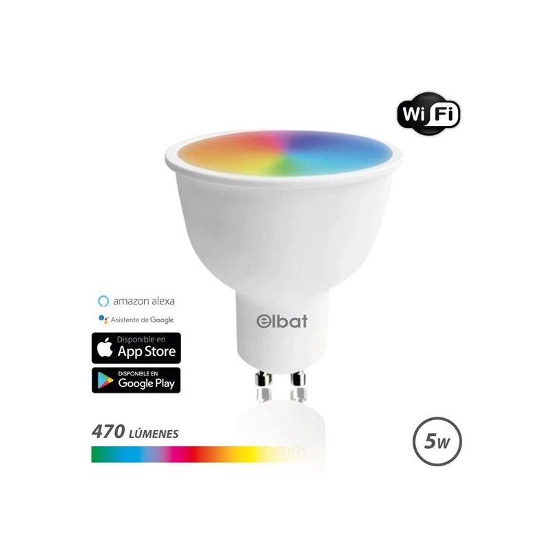 Elbat Bombilla LED Smart Wi-Fi GU10 5W 470lm RGB - Temperatura 2700K a los 6000K - Control de Voz - Control Remoto - 3 Modos de Color: Frio, Natural y Calido