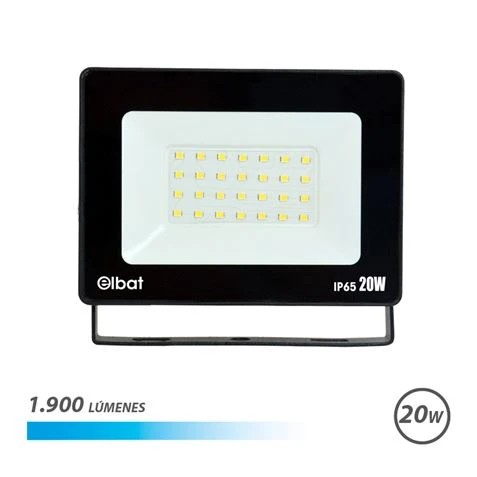 Elbat Foco LED de 20W - Potencia: 20W - Lumenes: 1900 - 6.500K Luz Fria - 30.000 - 50.000 Horas de Vida - Angulo 120º - Proteccion: IP65 para Usar en Exterior - Color Negro
