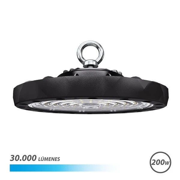 Elbat Lampara LED UFO de Techo - Potencia: 200W - Lumenes: 30000 - Luz Fria: 6500K - Ac 100-240V - Diametro: 32,8cm - Angulo ajustable - Color Negro