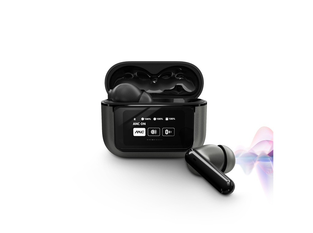 Energy Sistem Auriculares True Wireless - Pantalla en Estuche - ANC - Modo Transparencia - Baja Latencia - IPX5 - 30h de Reproduccion - Color Negro
