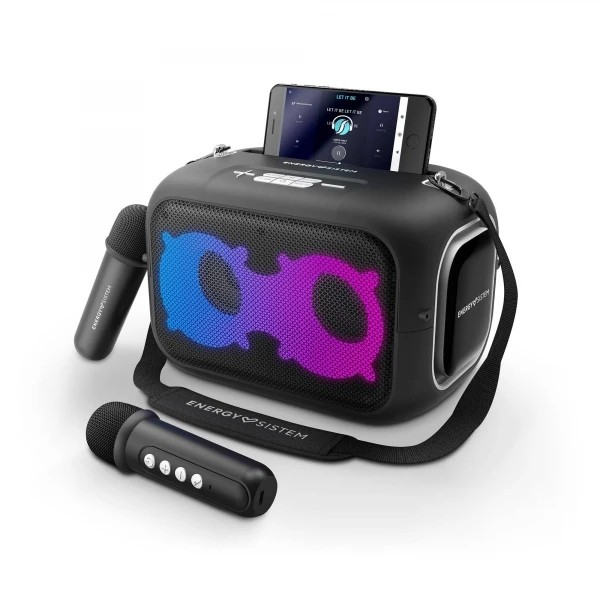 Energy Sistem KaraokeStar Altavoz 60W - Bluetooth 5.4 - True Wireless - IPX4 - 8h Autonomia - Luces LED - 2 Microfonos Inalambricos - Reproductor MP3 - Color Negro