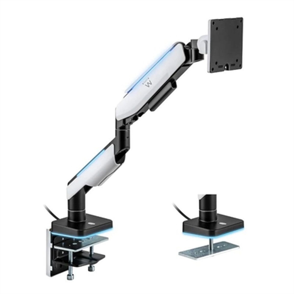Ewent Soporte de Mesa RGB para Monitor/TV - Giratorio e Inclinable - Iluminacion RGB - Acero y Aluminio - Compatible Vesa - Carga Maxima 20Kg - Brazo Articulado - Sistema de Pasacables - Color Blanco
