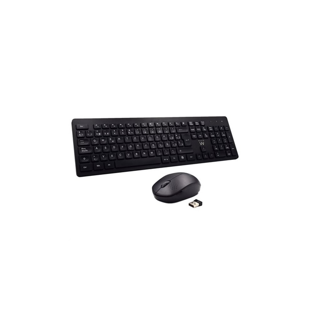 Ewent Pack Inalambrico 2.4hz KB+RATON - Teclado de Oficina con 13 Teclas Multimedia - Raton de Viaje - 1000dpi Unico - Receptor USB-A - 2 Bateria AA (Incluida) - Color Negro