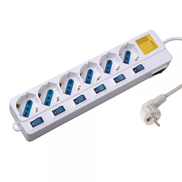 Ewent EW3932 Regleta con 6 Tomas de Corriente - Proteccion contra Sobretensiones - Interruptores Individuales. Color Blanco