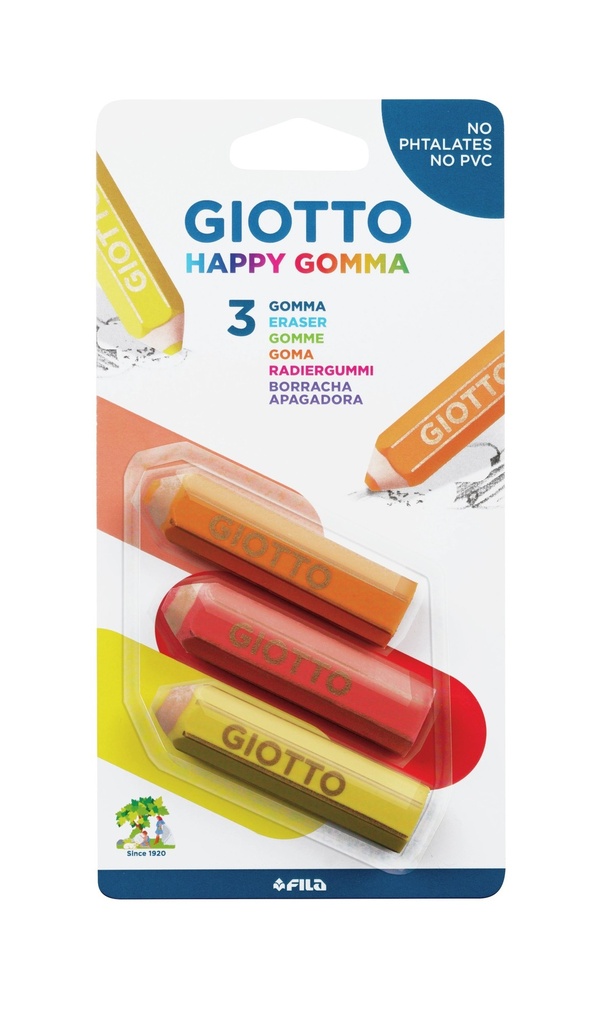 Giotto Happy Goma Pack de 3 Gomas de Borrar - Plastico - Colores Surtidos