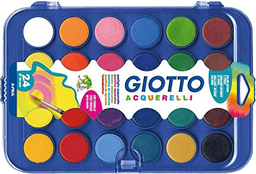 Giotto Estuche de 24 Acuarelas de 30mm + Pincel - Colores Brillantes, Intensos y Vivos - Muy Cubrientes - Colores Surtidos