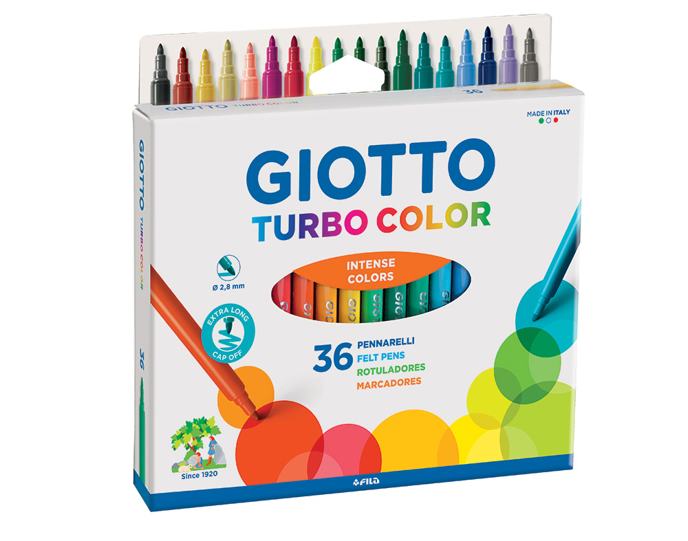 Giotto Turbo Color Pack de 36 Rotuladores - Punta Fina 2.8 mm. - Tinta al Agua - Lavable - Colores Surtidos