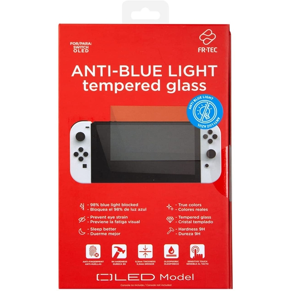 FR-TEC Cristal Templado Anti Luz Azul para Nintendo Switch Oled - Dureza H9 - Bloquea 98% Radiacion Azul - Adherencia sin Residuos - Facil Aplicacion - Incluye Gamuza Limpiadora - Color Transparente