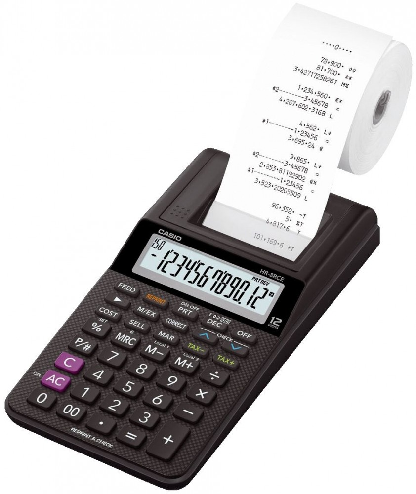 Casio HR-8RCE Calculadora Impresora de Sobremesa Compacta - Pantalla de 12 Digitos - Impresion de 2 Lineas por Segundo - Color Negro