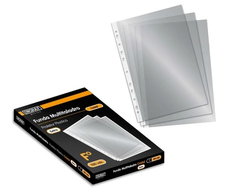 Ingraf Pack de 100 Fundas Multitaladro - Tamaño Folio - Acabado en Cristal - Transparente