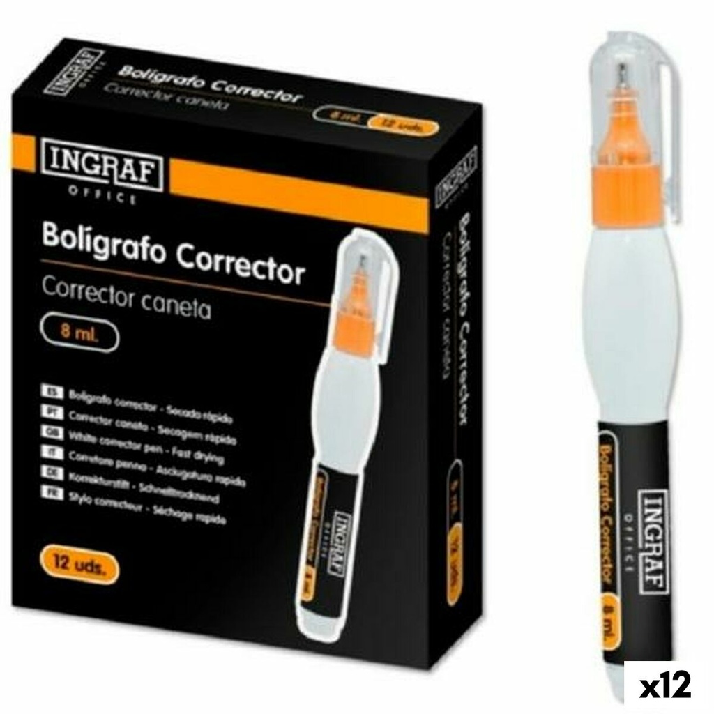 Ingraf Boligrafo Corrector 8ml - Punta Metalica Fina - Secado Rapido - Forma Ergonomica